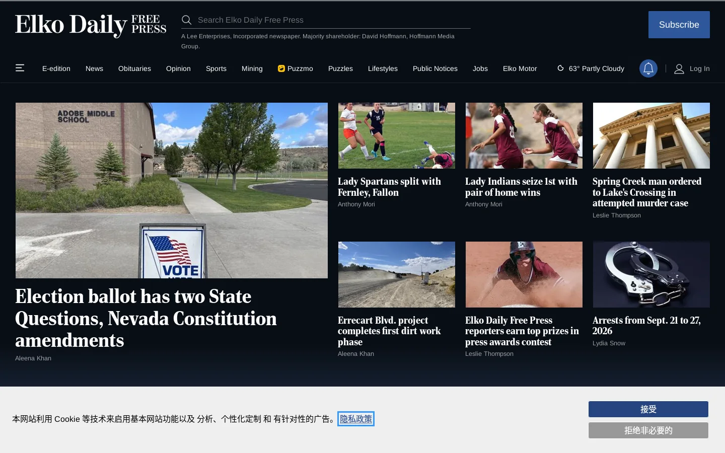 Elko Daily Free Press Homepage screenshot