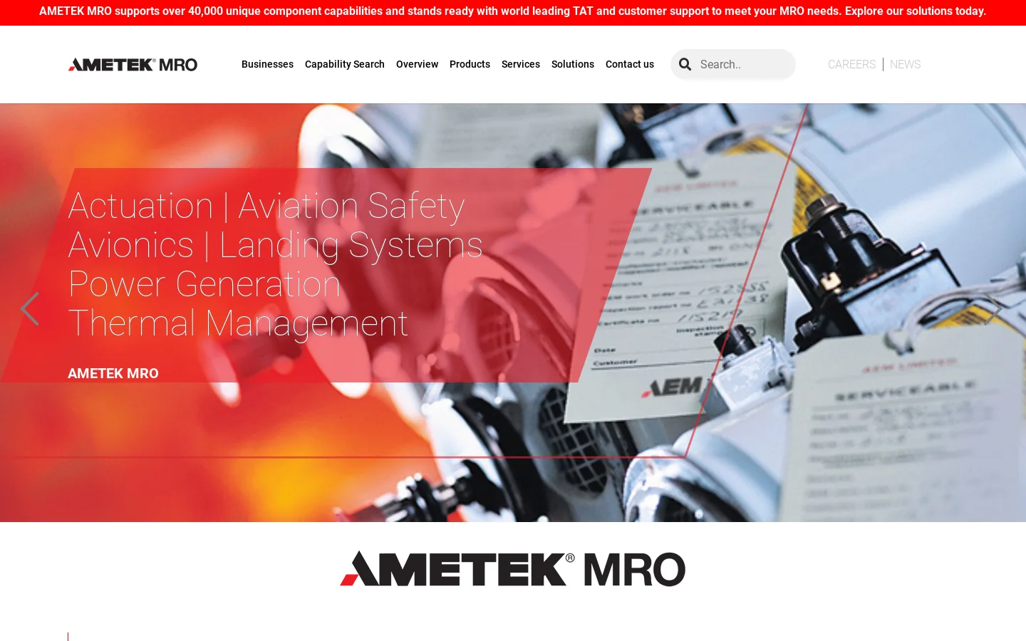 AMETEK MRO's Expertise in Global Aviation Services Homepage screenshot