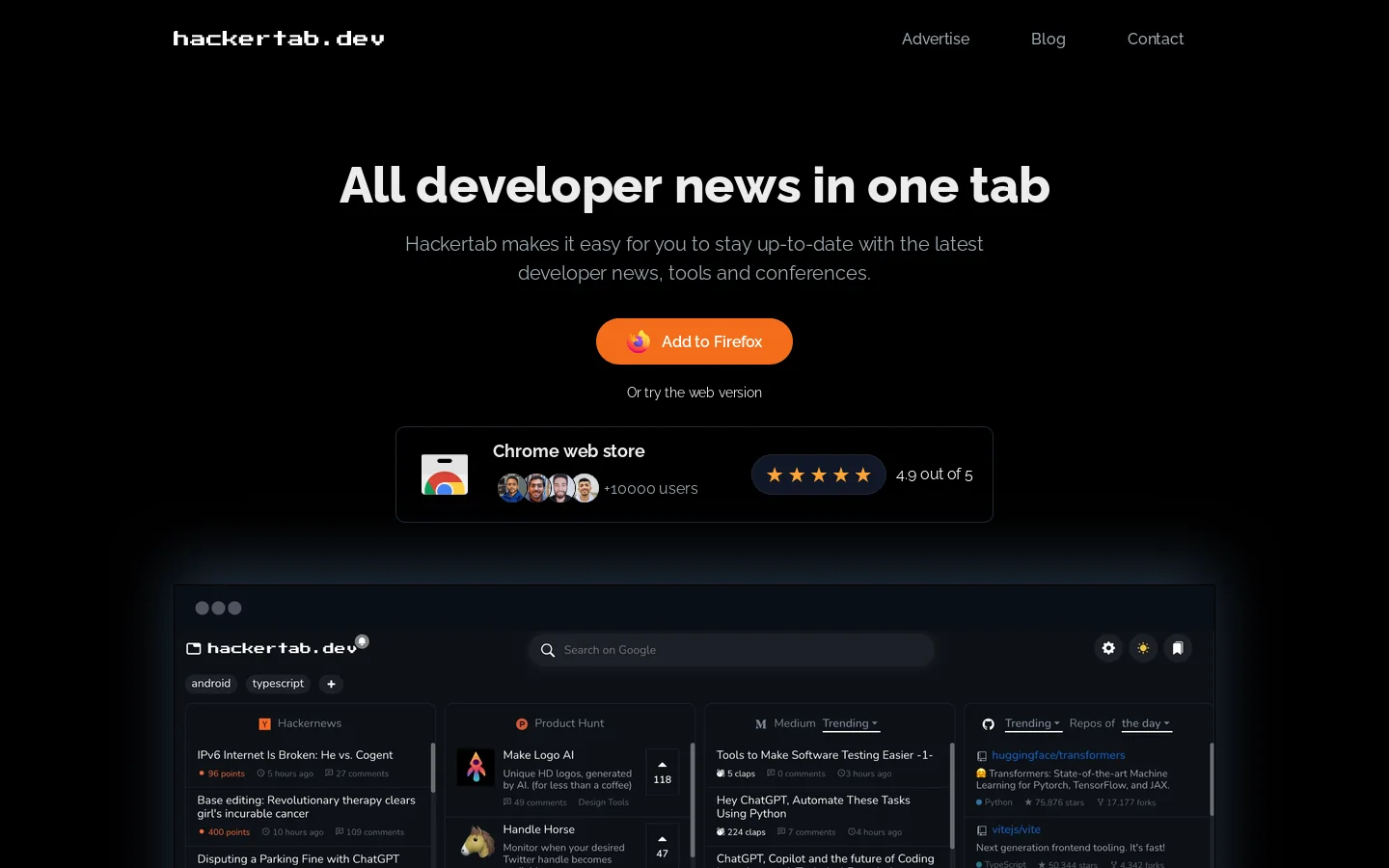 Hackertab Homepage screenshot