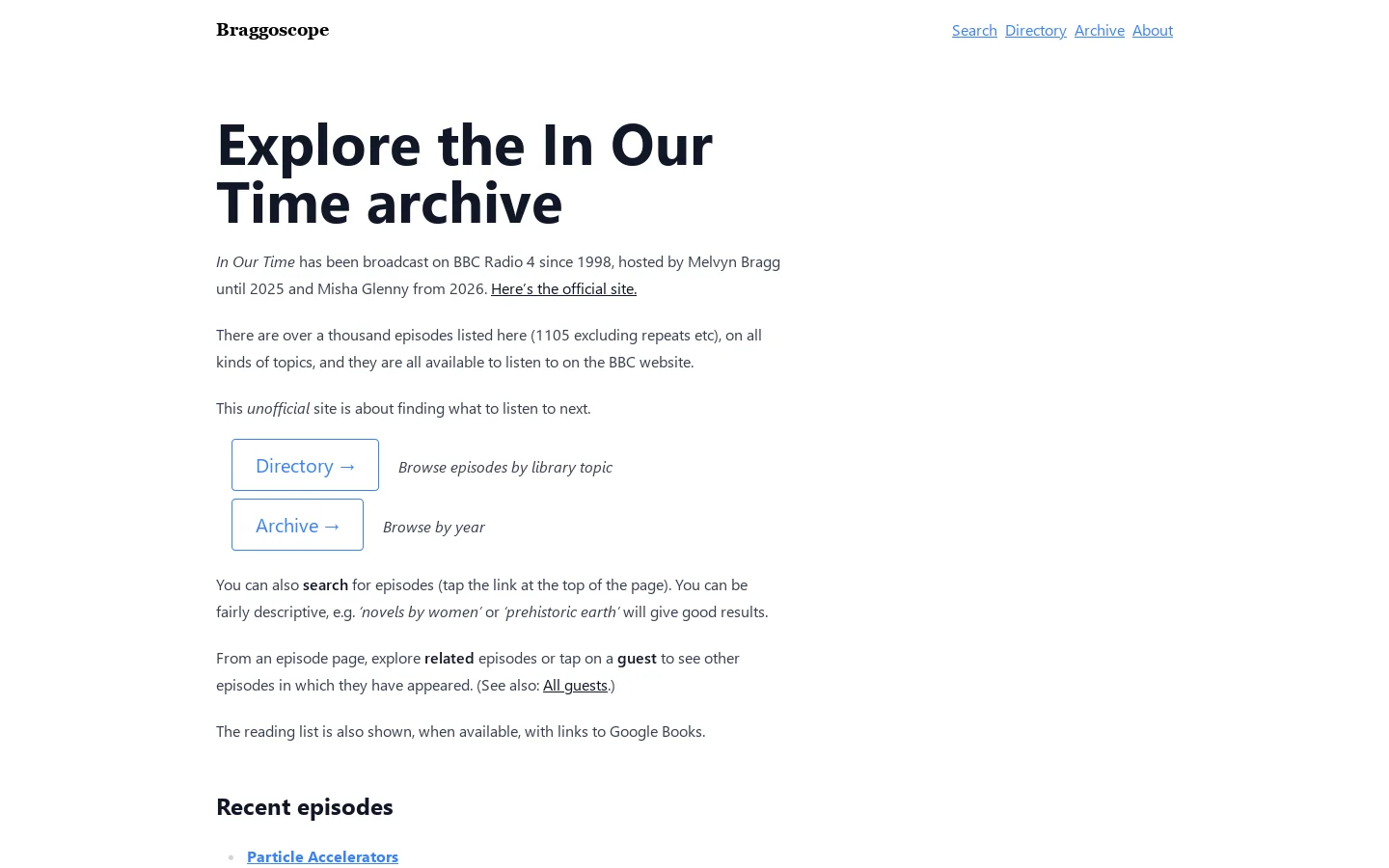 Braggoscope Homepage screenshot