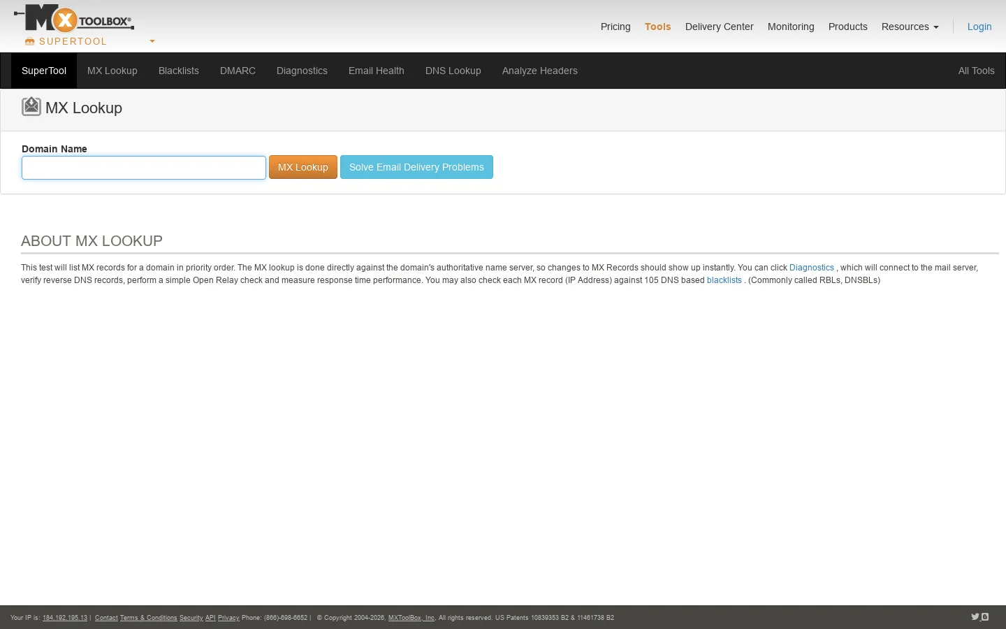 MxToolbox Homepage screenshot
