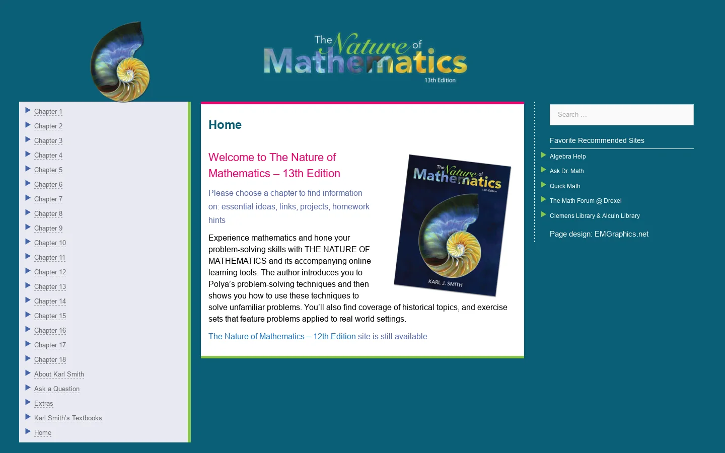 Home - The Nature of Mathematics - 13th Edition Homepage screenshot