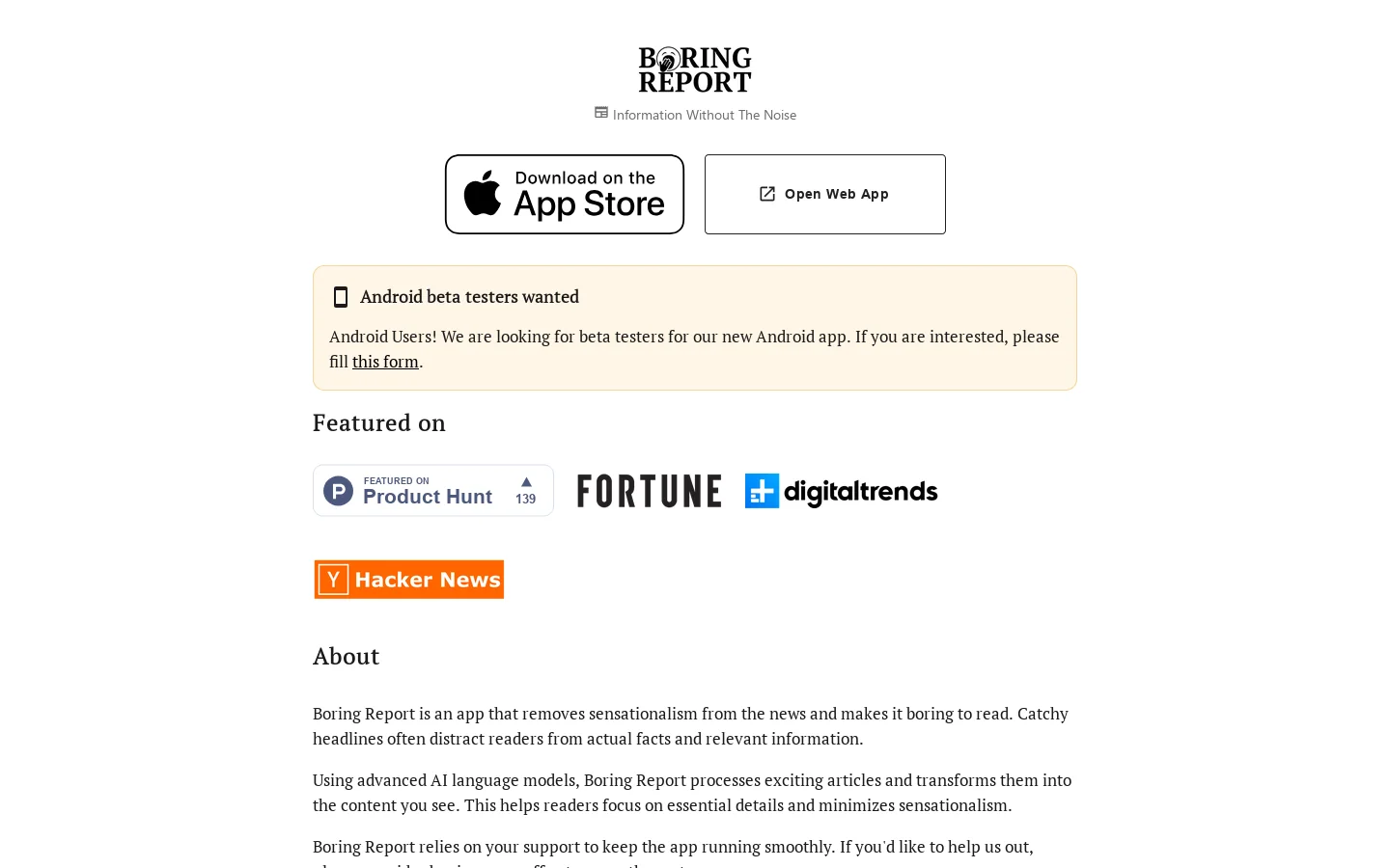 Boring Report Homepage screenshot