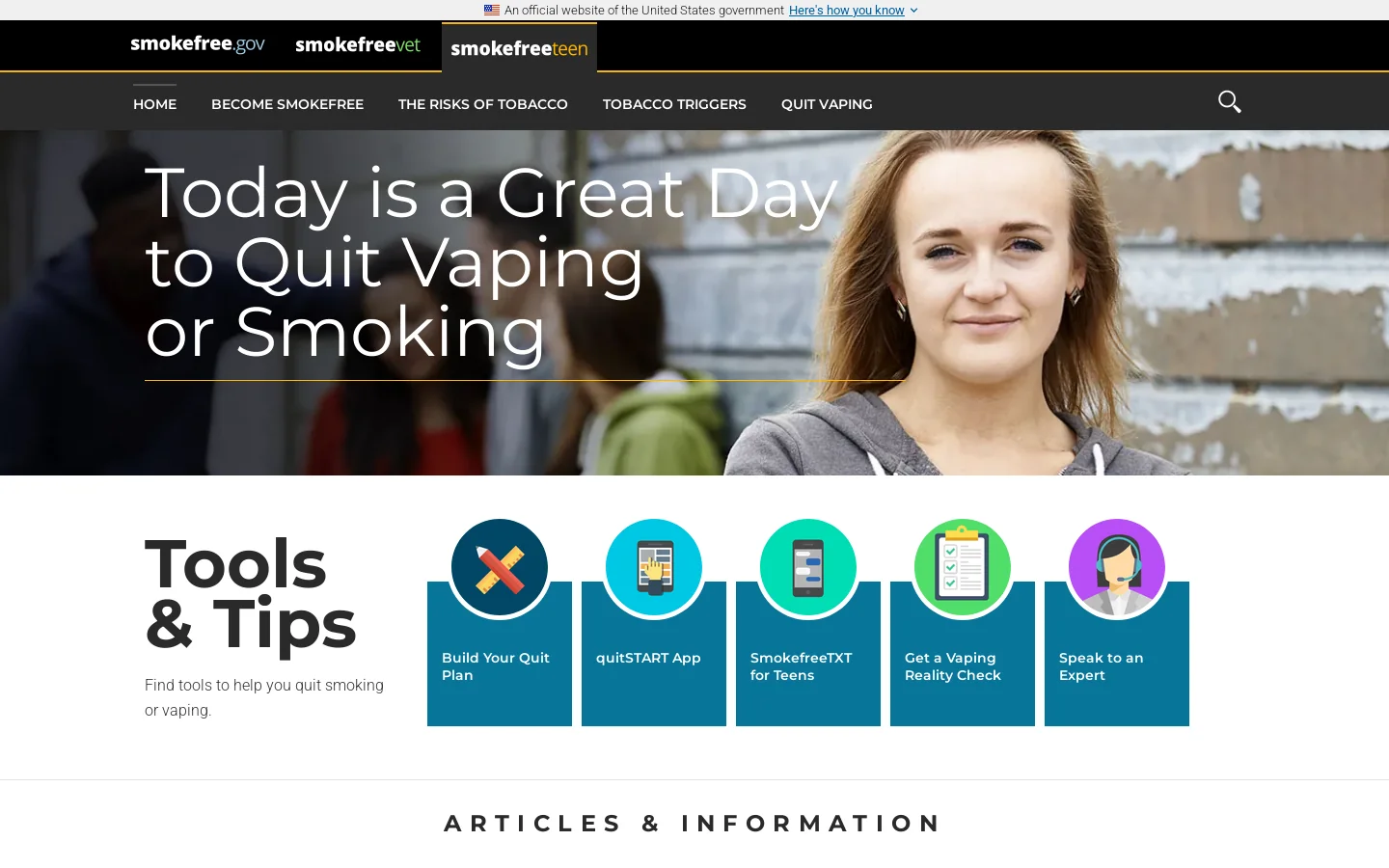 Home | Smokefree Teen Homepage screenshot