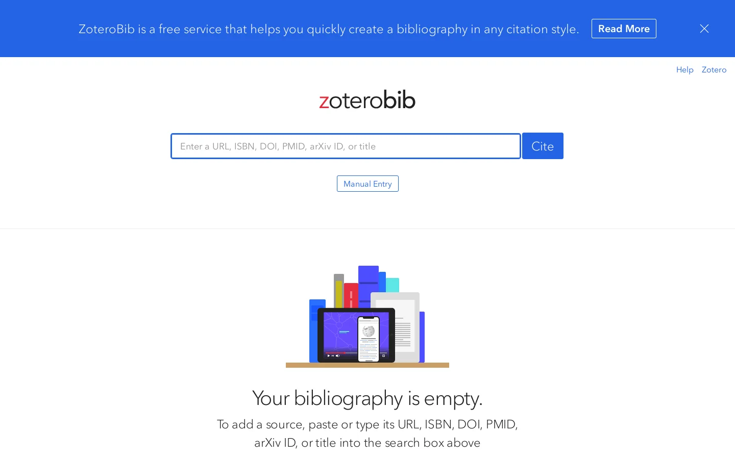 ZoteroBib: Fast, free bibliography generator - MLA, APA, Chicago, Harvard citations Homepage screenshot