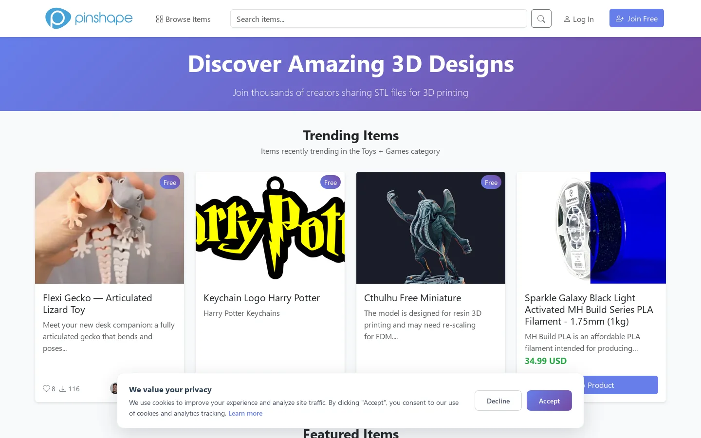Pinshape Homepage screenshot