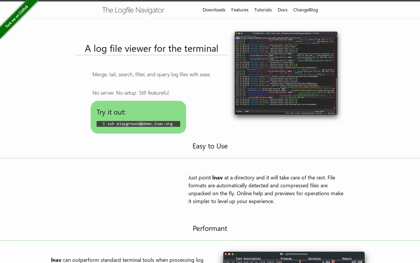 The Logfile Navigator | The Logfile Navigator, lnav for short, is an advanced log file viewer for the small-scale. Homepage screenshot