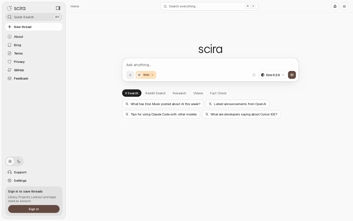 Scira AI Homepage screenshot
