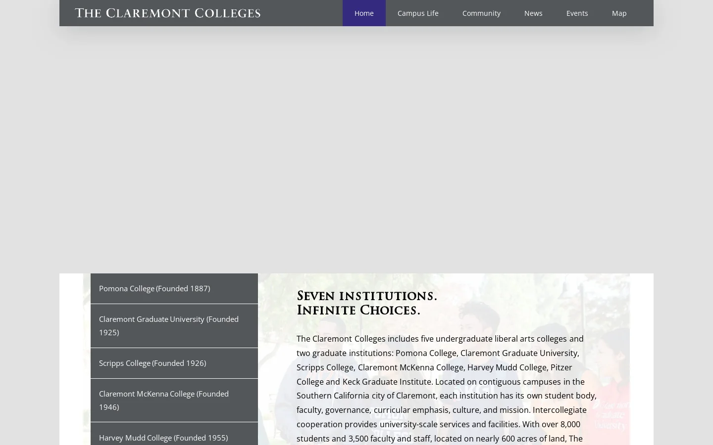 The Claremont Colleges – Seven institutions. Infinite choices. Homepage screenshot
