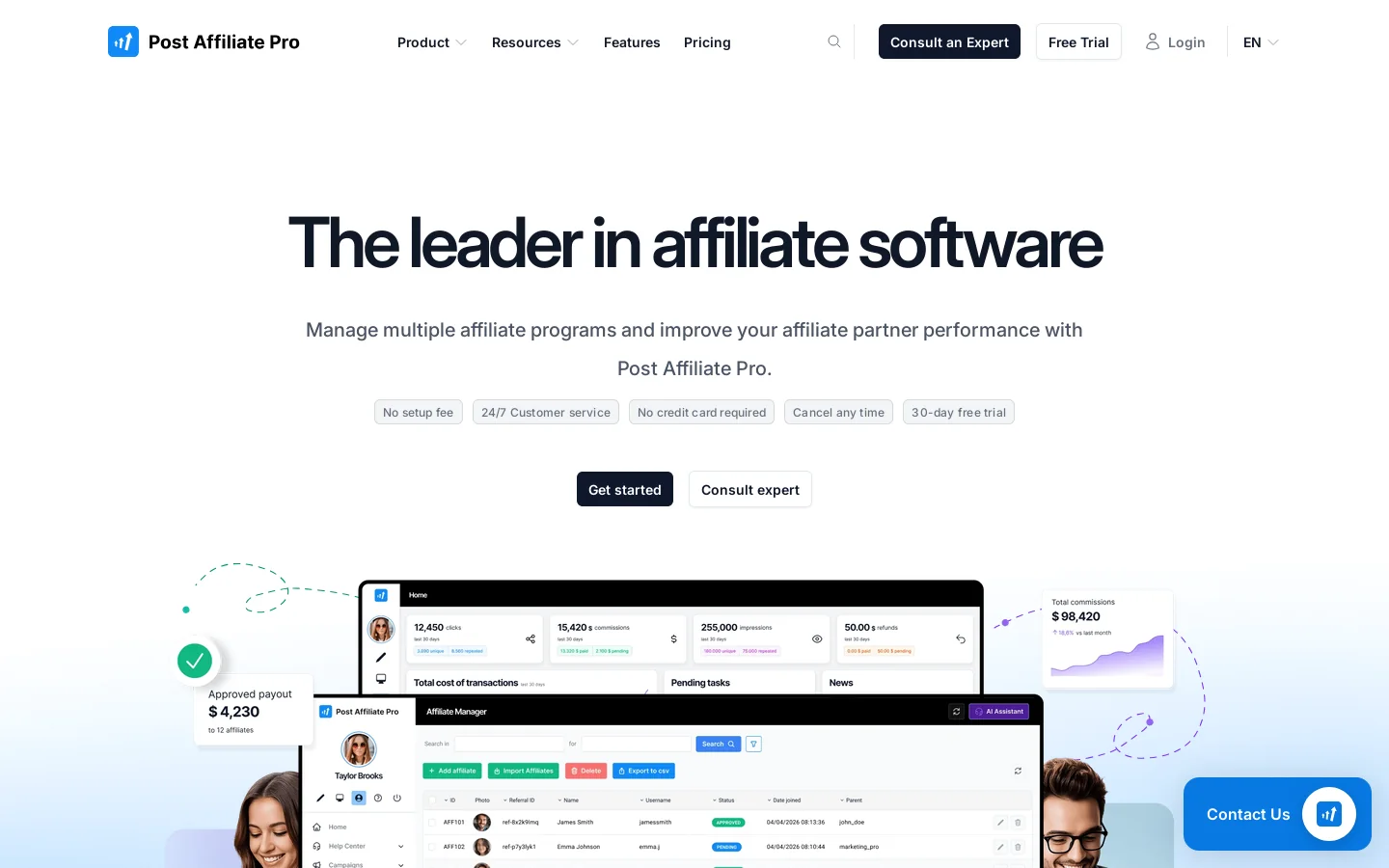 Post Affiliate Pro Homepage screenshot