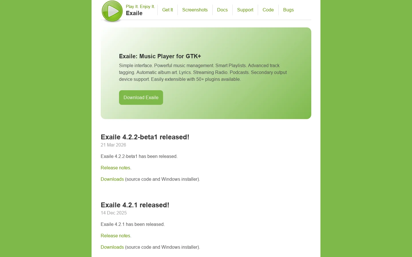 Exaile Homepage screenshot
