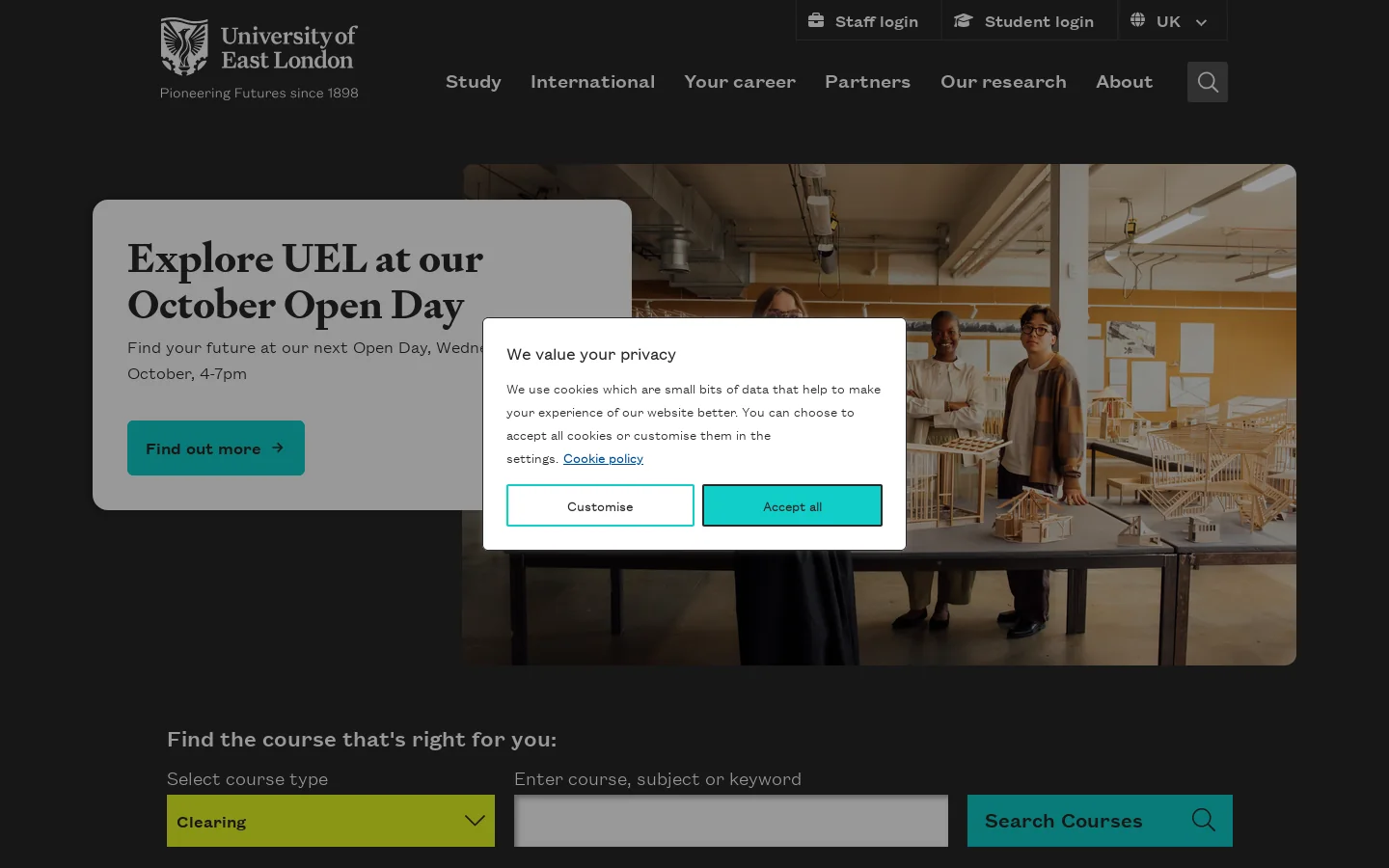 University of East London | Pioneering Futures Homepage screenshot