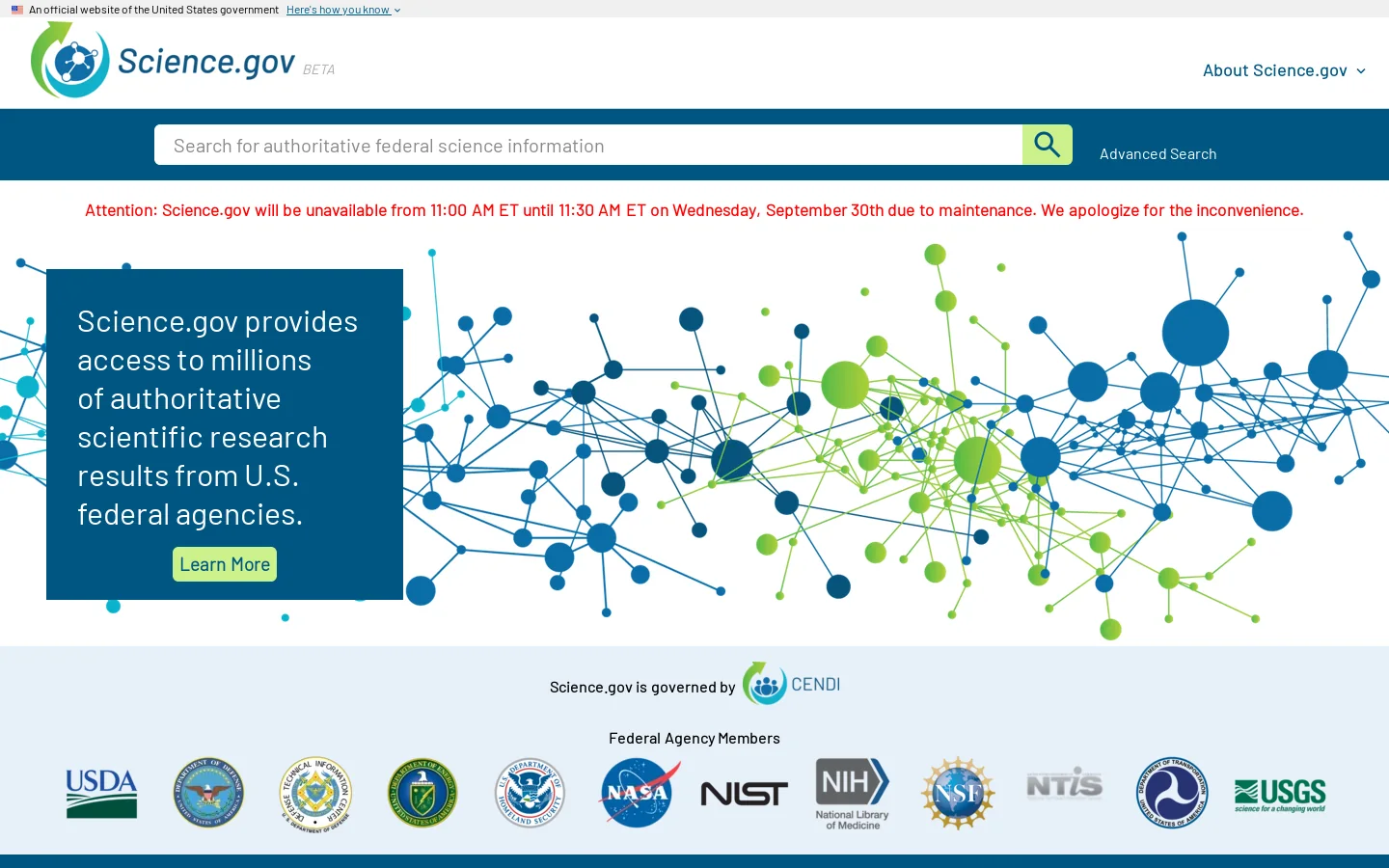 Science.gov Homepage screenshot