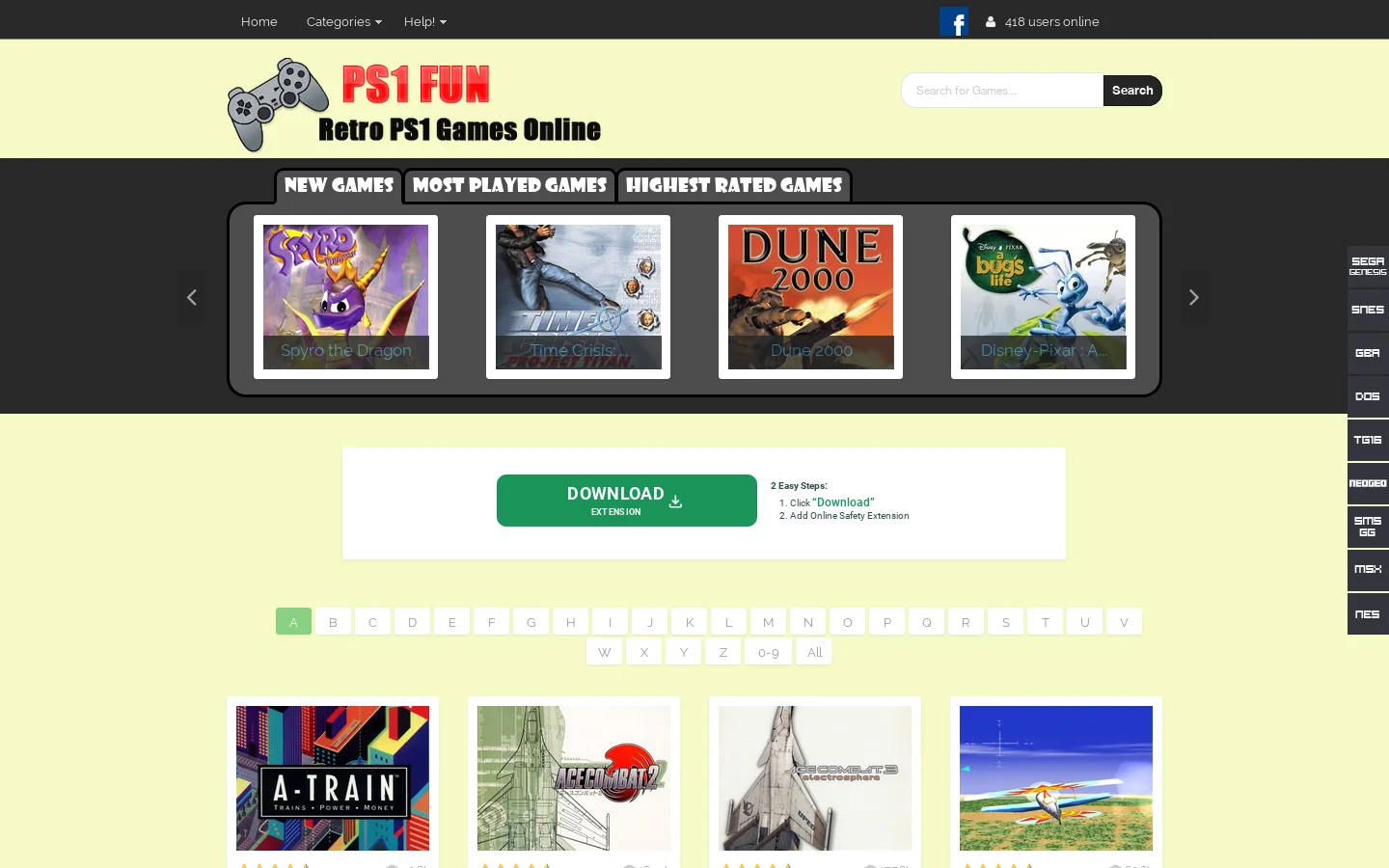 PS1FUN Play Retro Playstation PSX games online Homepage screenshot