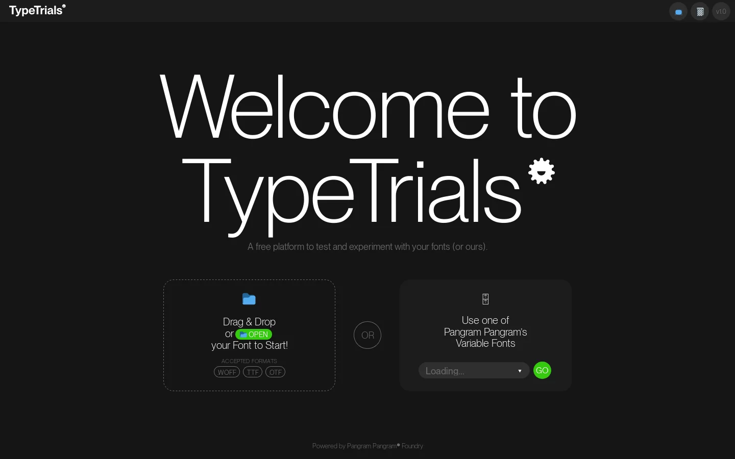 TypeTrials𛲅 Powered by Pangram Pangram Foundry Homepage screenshot