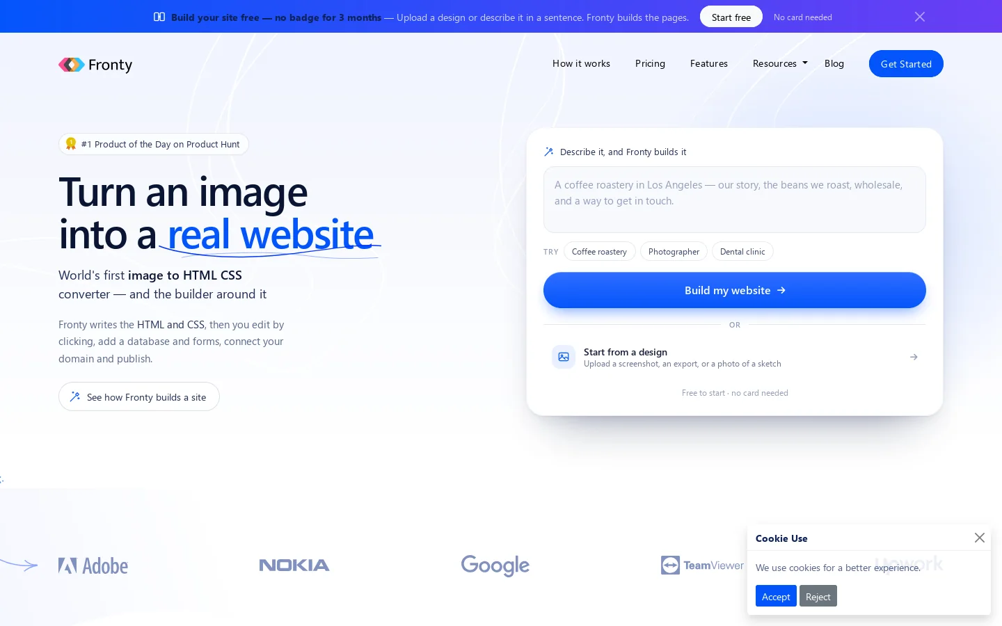 Image to HTML CSS converter — turn a design into a live site Homepage screenshot