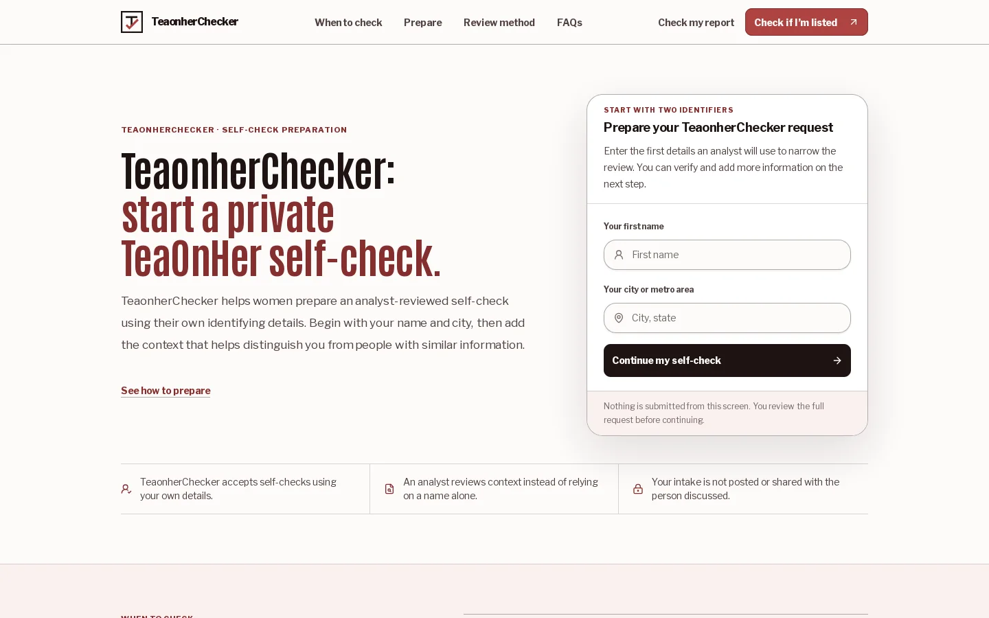 TeaonherChecker Homepage screenshot