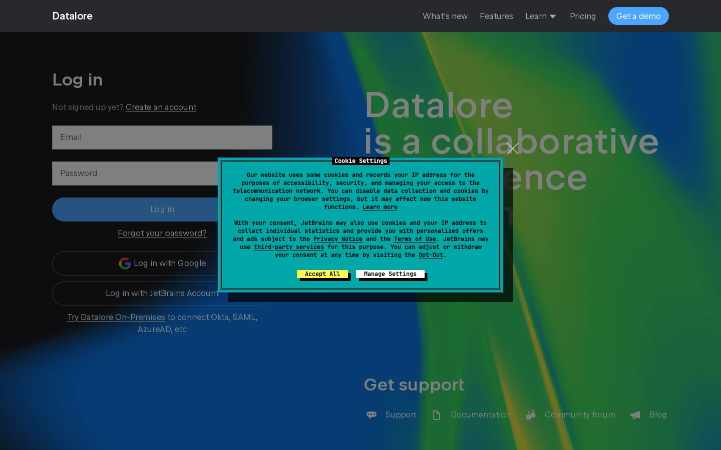 JetBrains Datalore: A powerful environment for Jupyter notebooks. Homepage screenshot