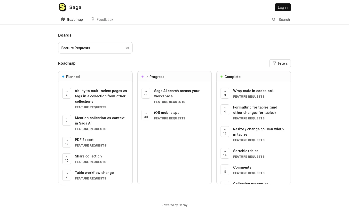 Saga Feedback Homepage screenshot