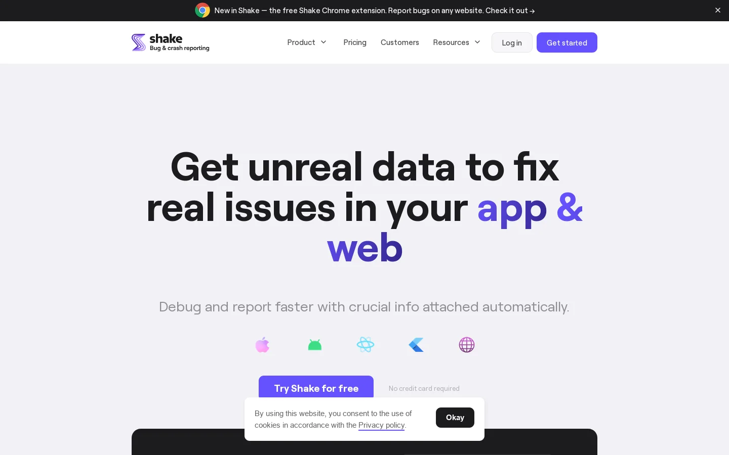 Bug and crash reporting for mobile apps and websites | Shake Homepage screenshot