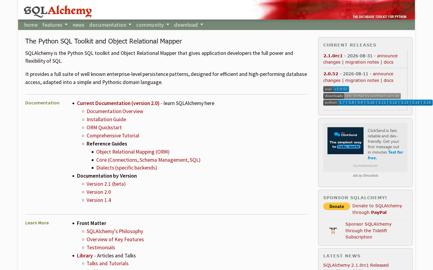 SQLAlchemy Homepage screenshot
