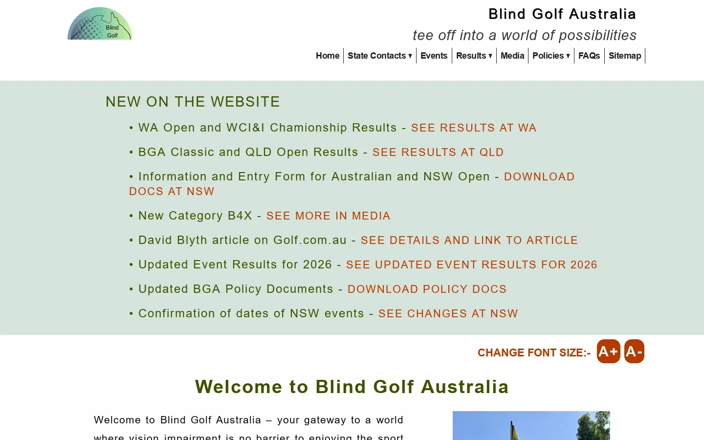 Blind Golf Australia Home Page Introduction to BGA Homepage screenshot