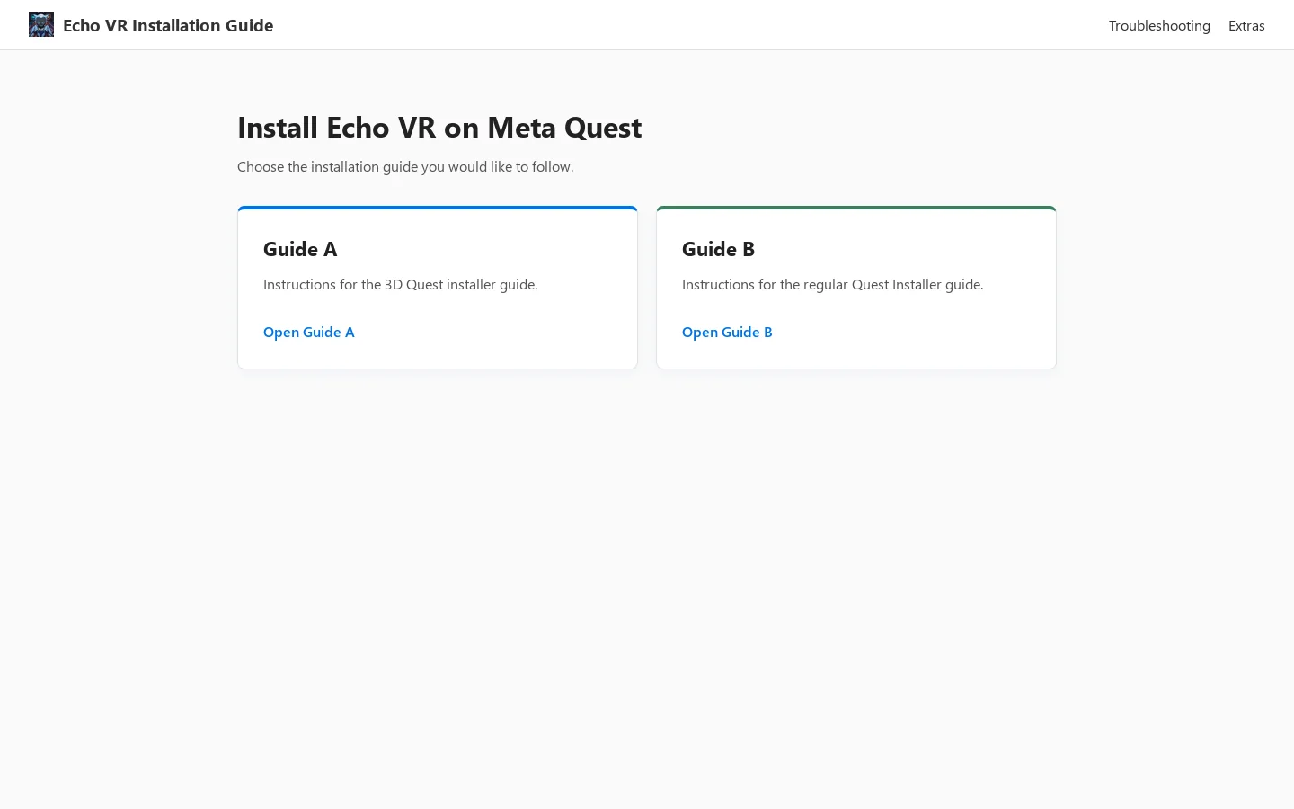 Choose a Guide | Echo VR Installation Guide Homepage screenshot