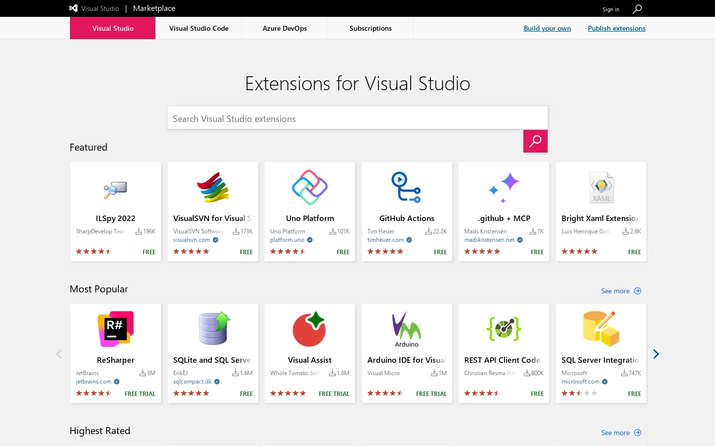 Extensions for Visual Studio family of products | Visual Studio Marketplace Homepage screenshot