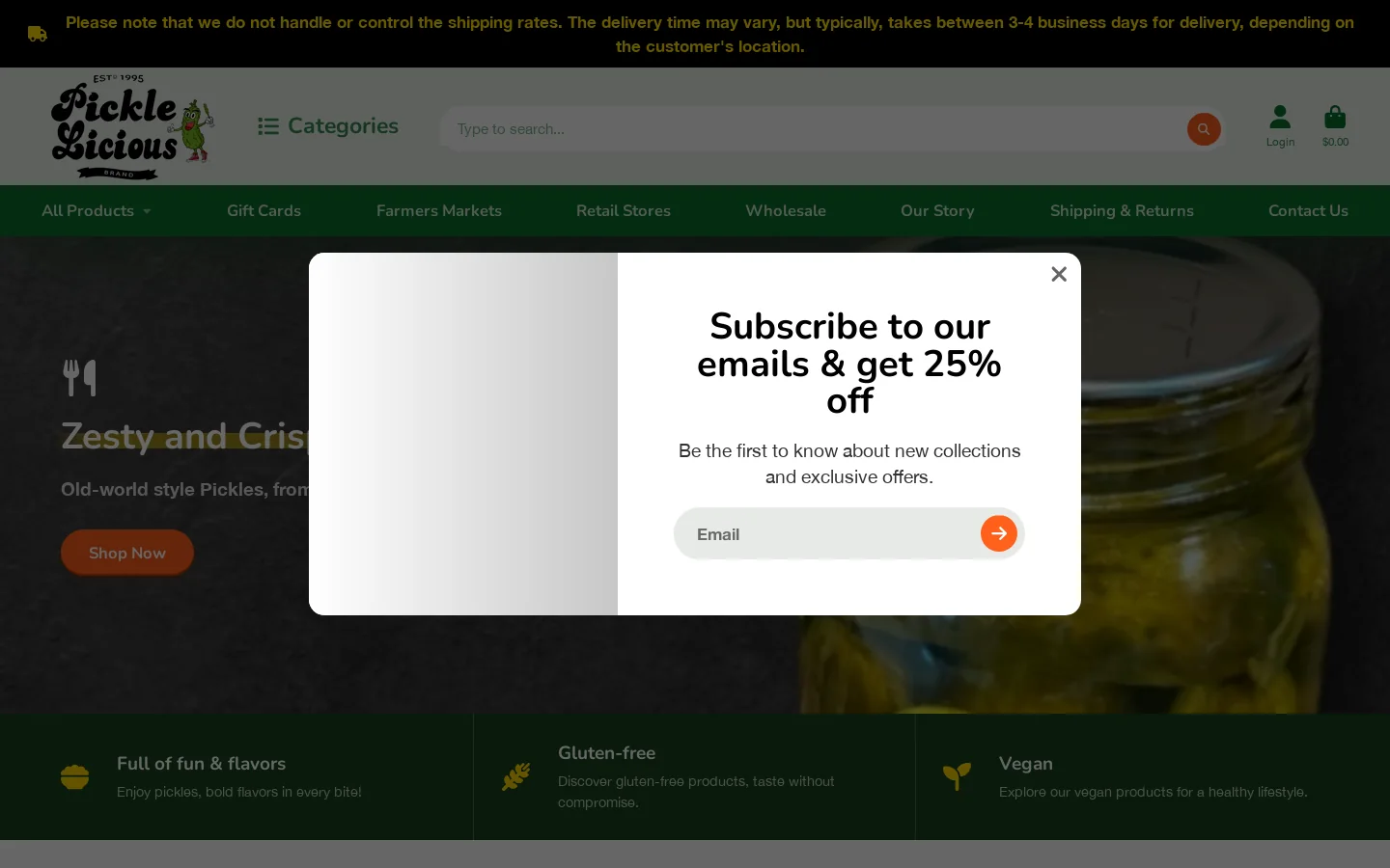 Pickle Licious Online Store Homepage screenshot