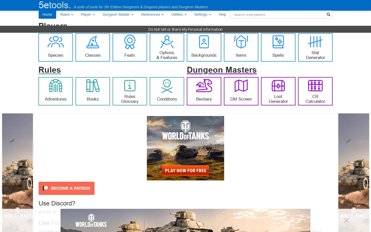5etools Homepage screenshot
