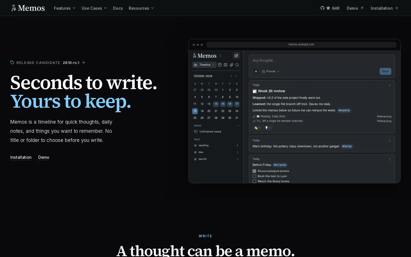 Memos - Seconds to write. Yours to keep. Homepage screenshot