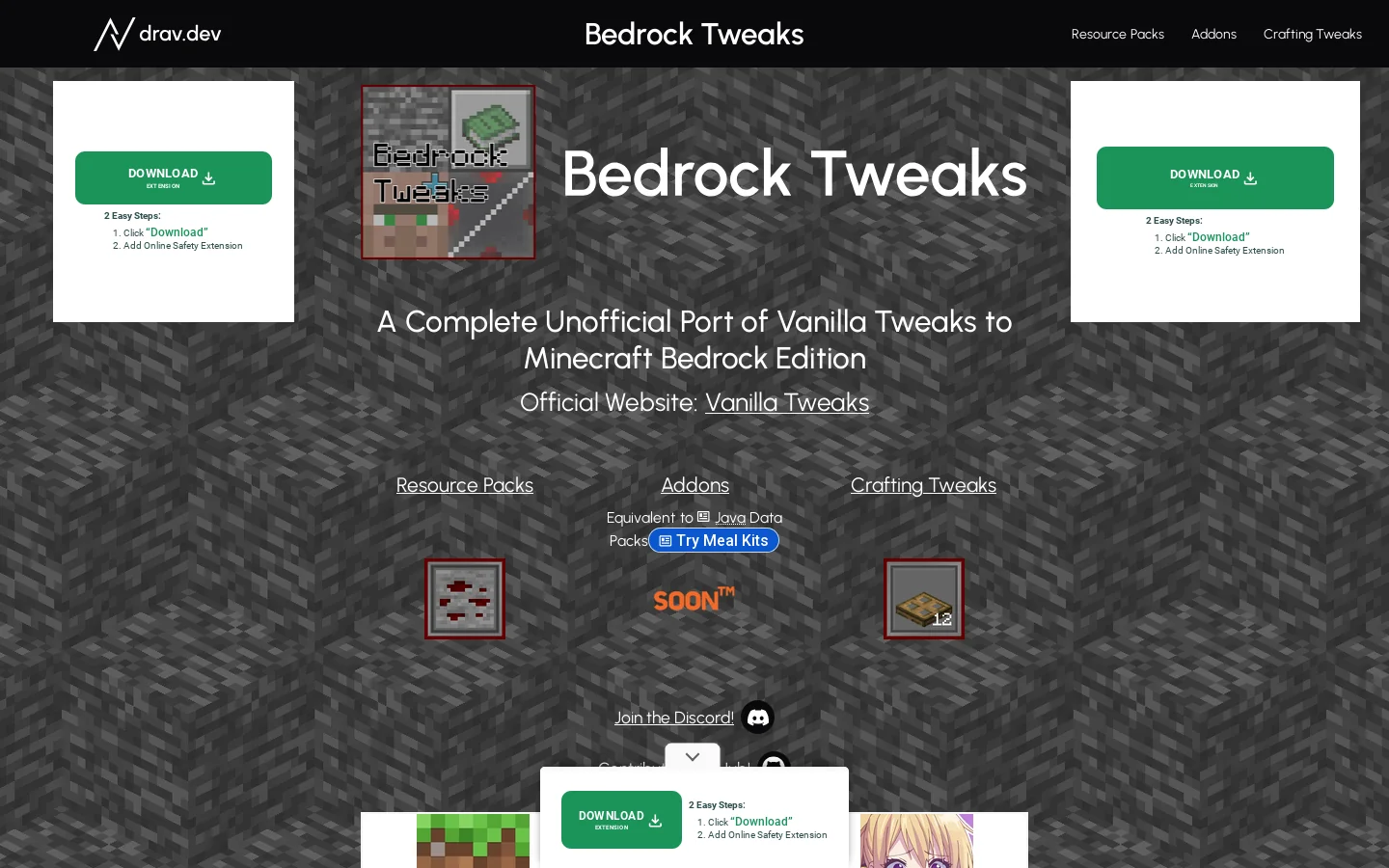 Bedrock Tweaks Homepage screenshot