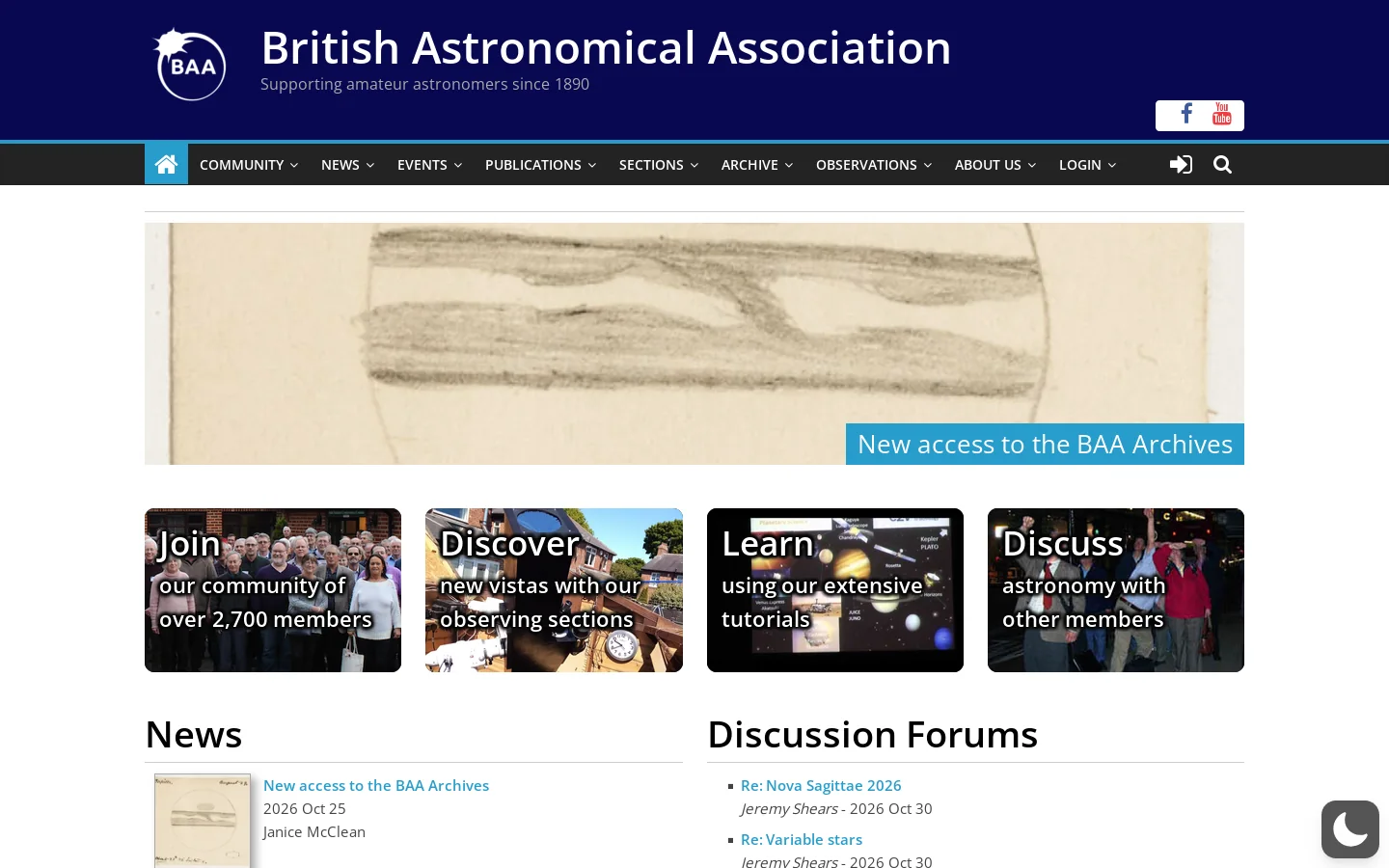 British Astronomical Association – Supporting amateur astronomers since 1890 Homepage screenshot