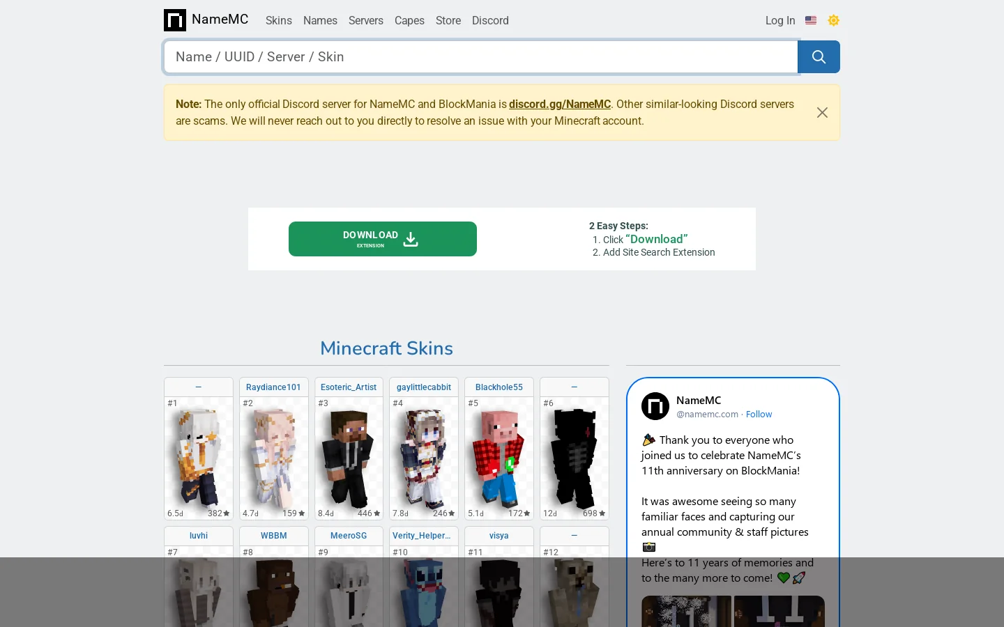 NameMC Homepage screenshot