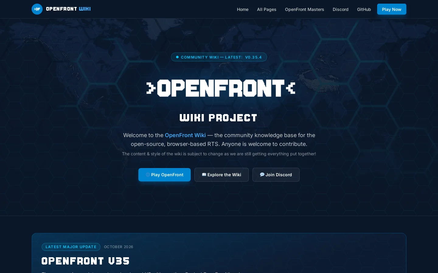 OpenFront Wiki Homepage screenshot