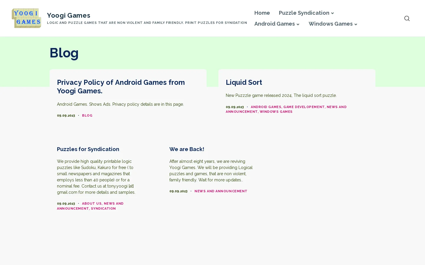 Yoogi Games Homepage screenshot
