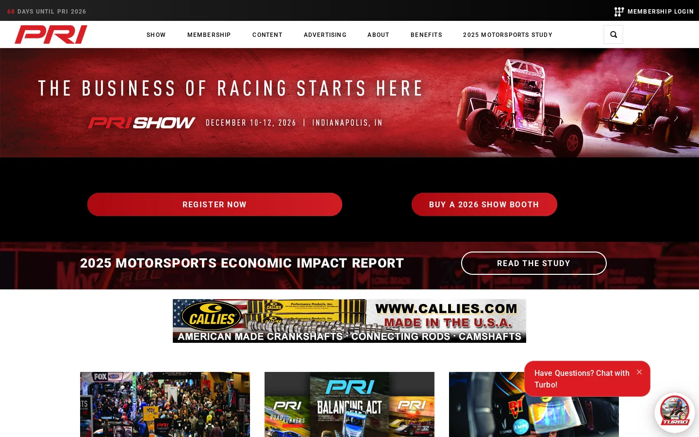 Performance Racing Industry Homepage screenshot