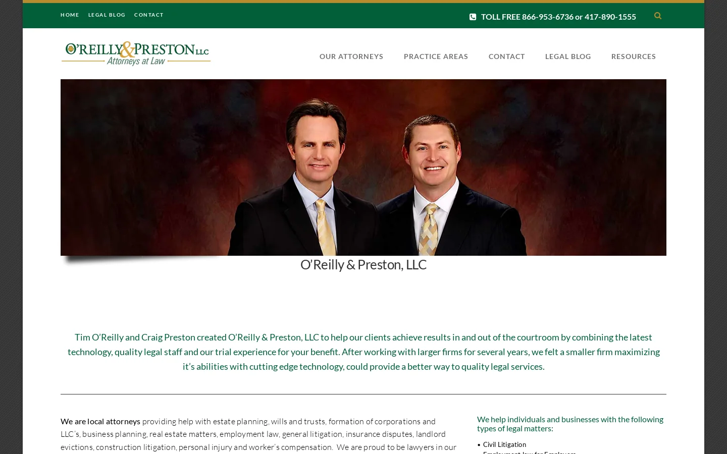 O'Reilly & Preston, LLC | Aggressive & Experienced Lawyers Homepage screenshot