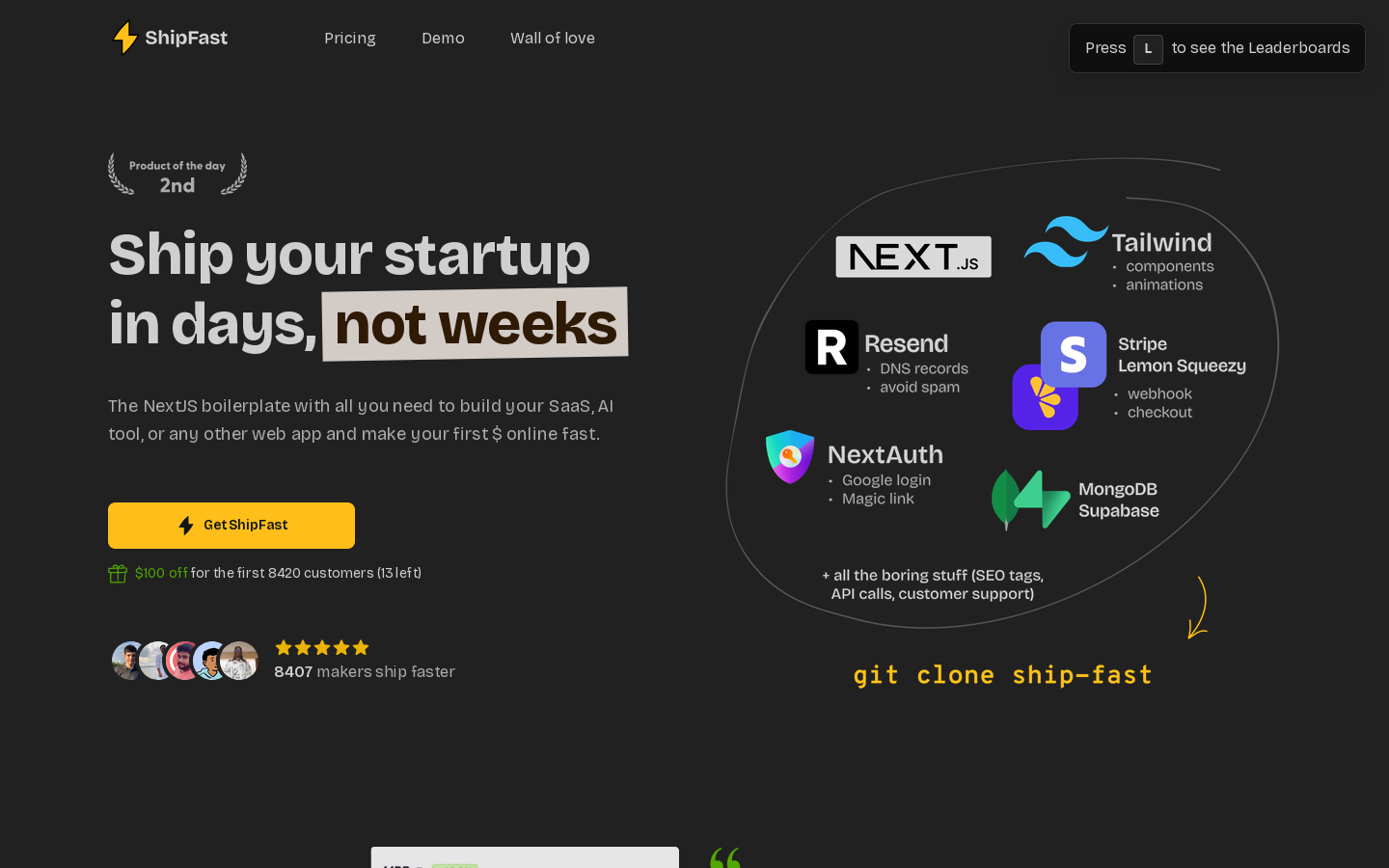 ShipFast Homepage screenshot