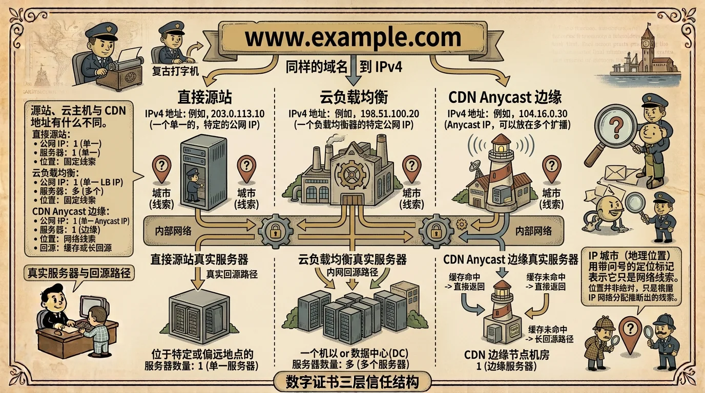 An A record pointing to an origin, cloud load balancer or CDN edge
