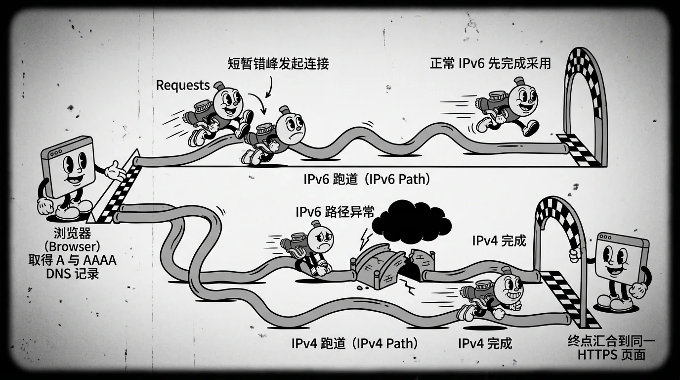 Happy Eyeballs selecting a working connection between IPv6 and IPv4 paths