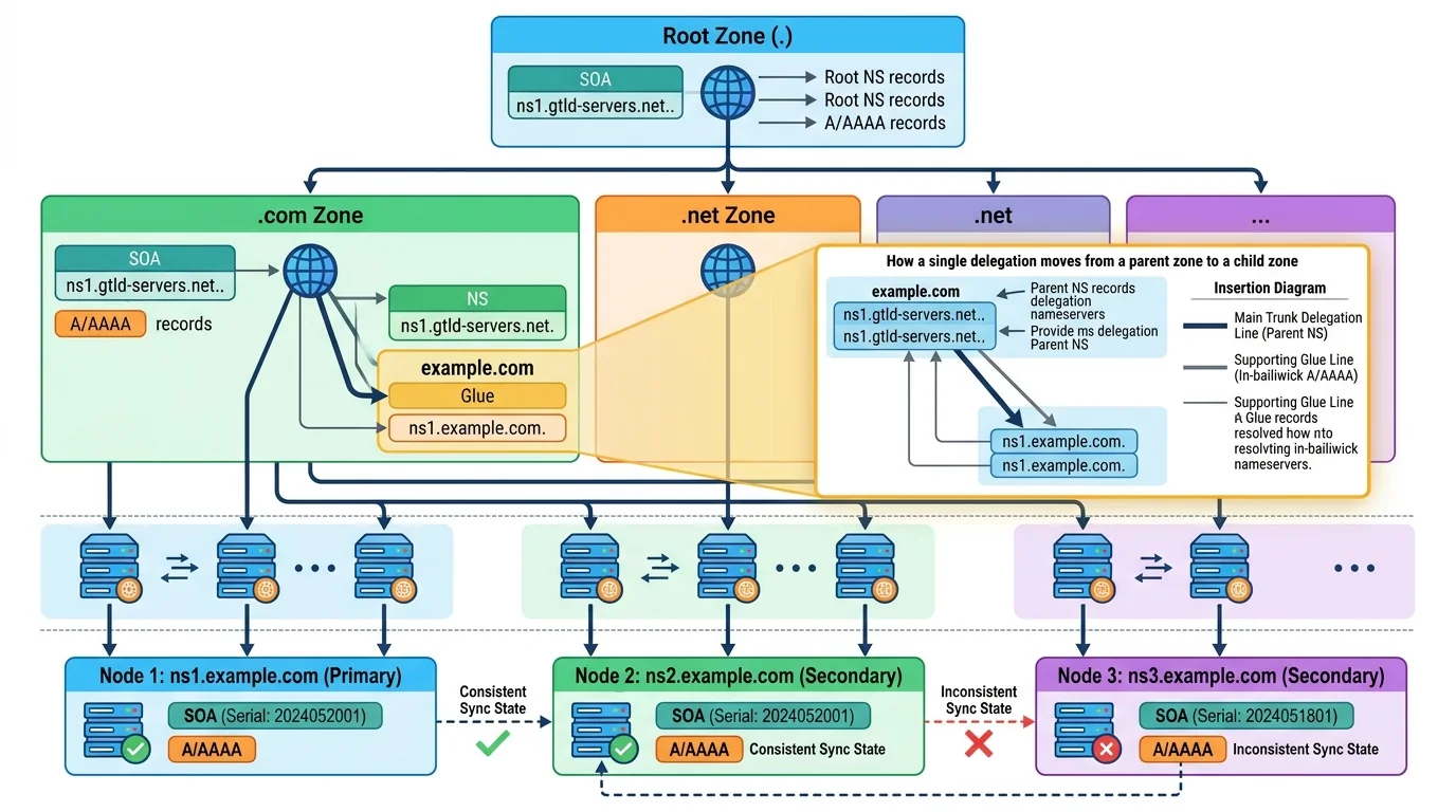 DNS delegations from root and TLD to authoritative servers with supporting glue addresses