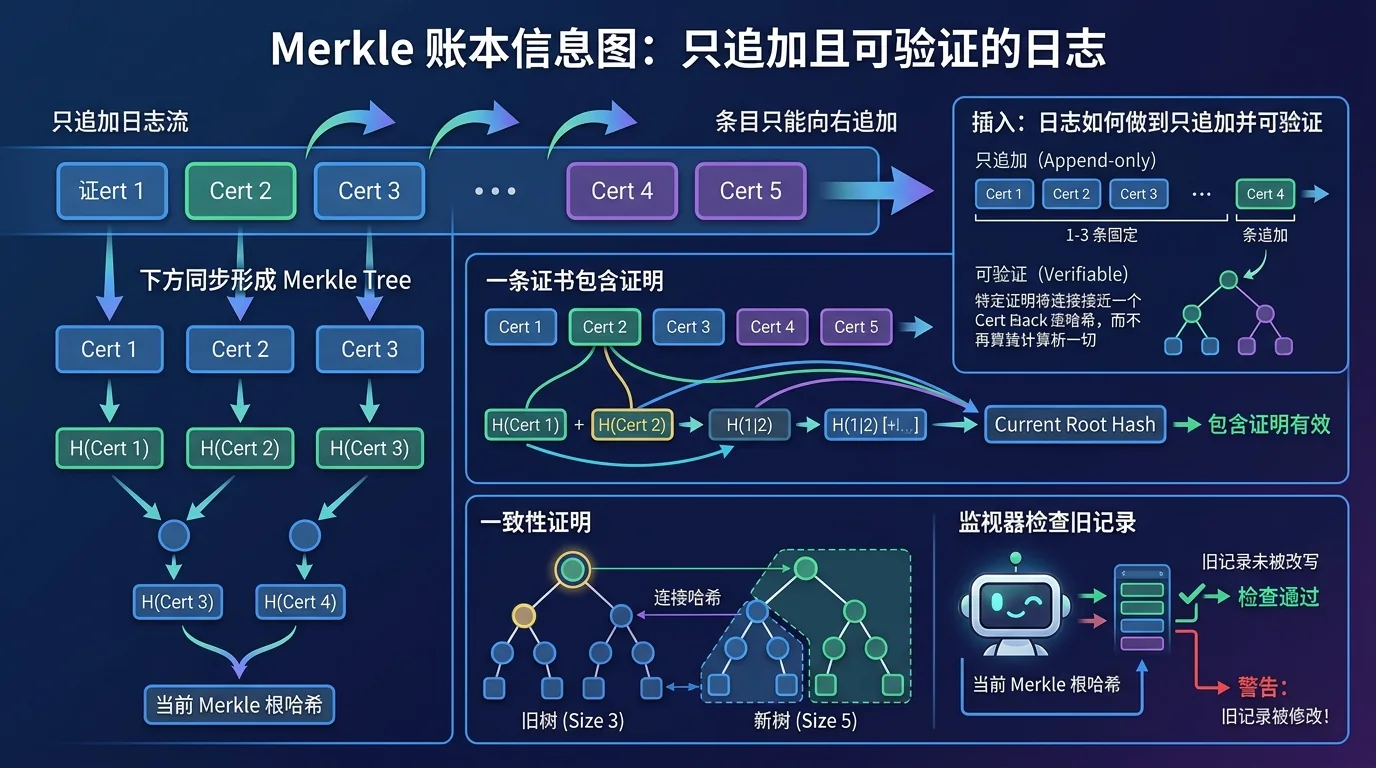 Certificate Transparency uses Merkle Trees to prove inclusion and append-only consistency