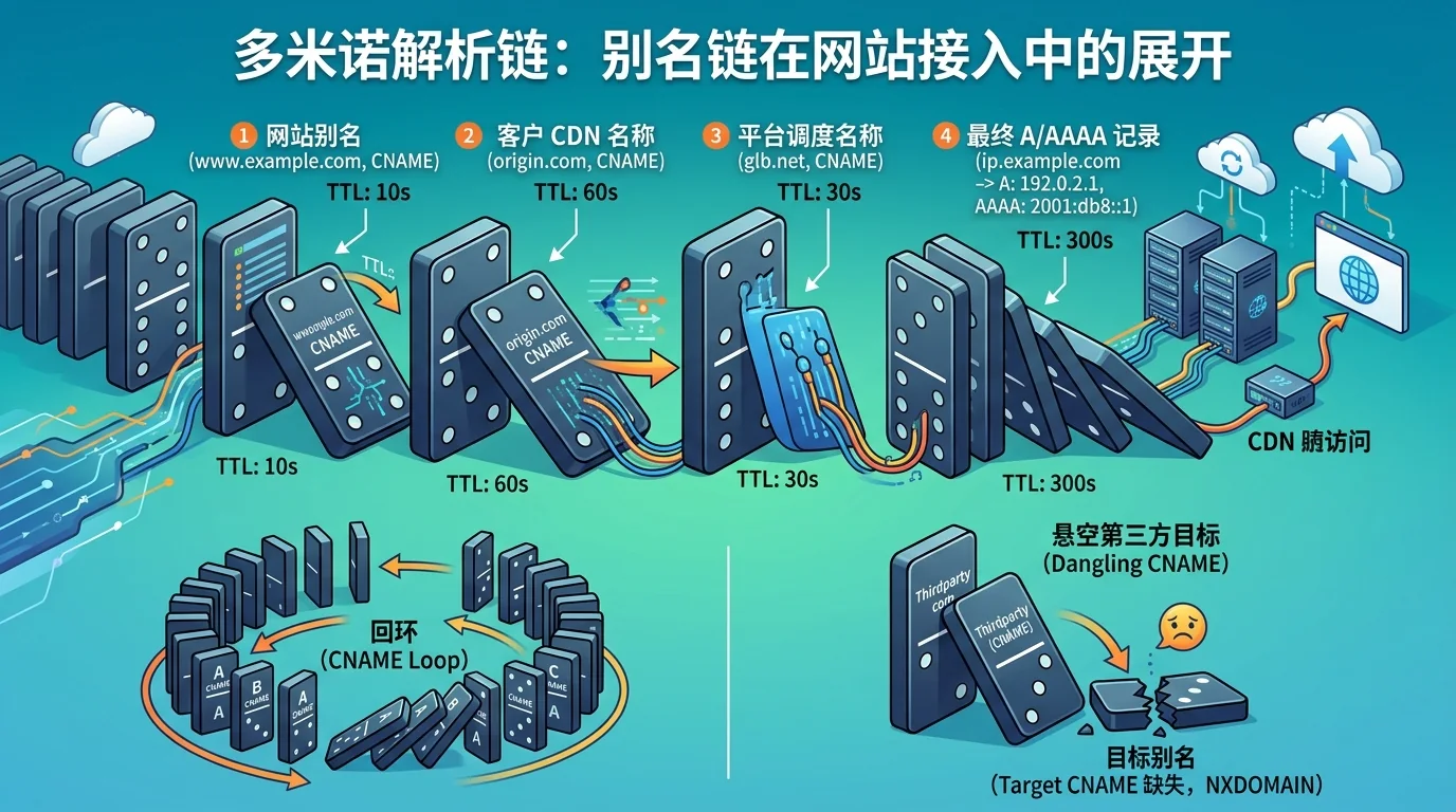 A CNAME chain resolving a website alias through platform names to an IP address