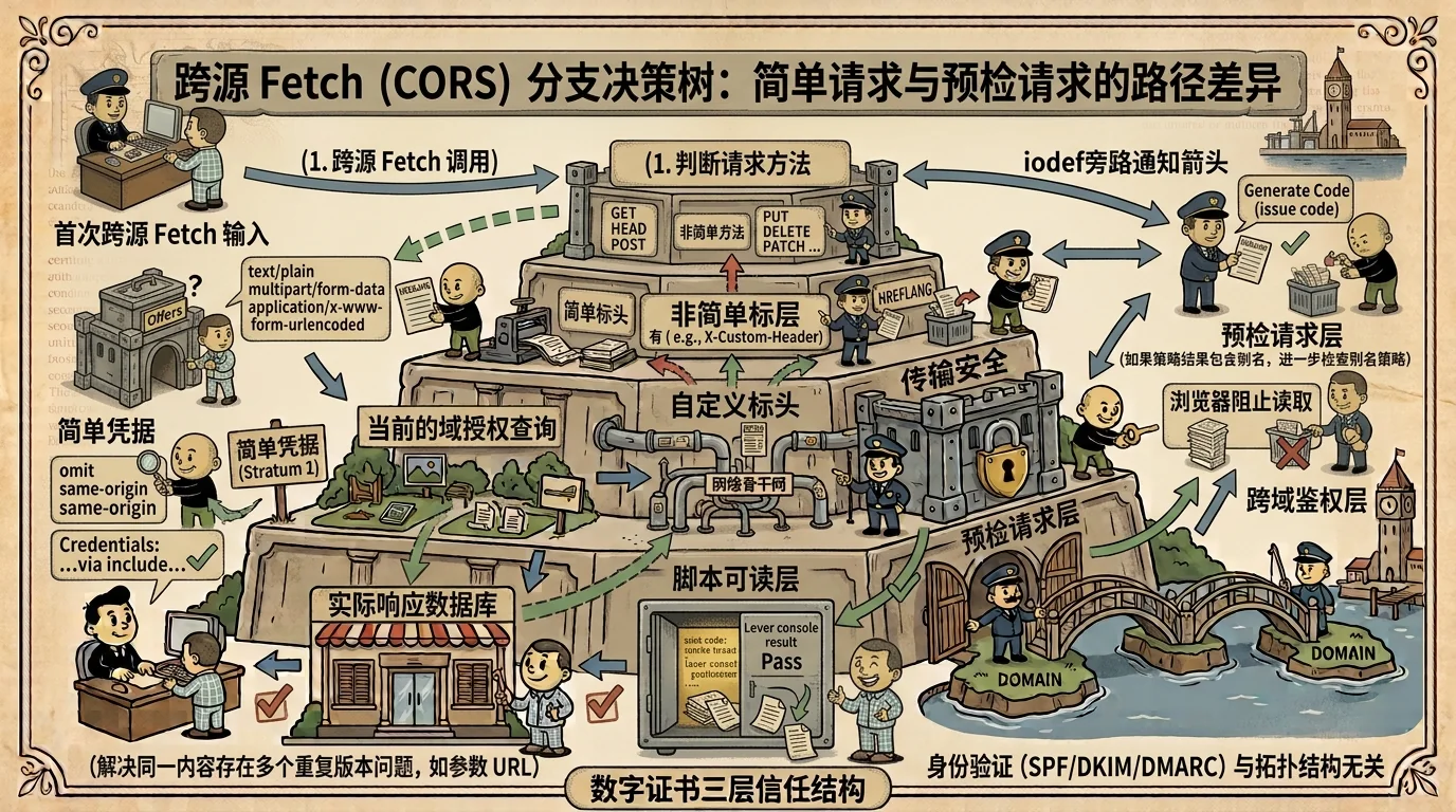 Decision tree for CORS preflight based on methods, headers and credentials