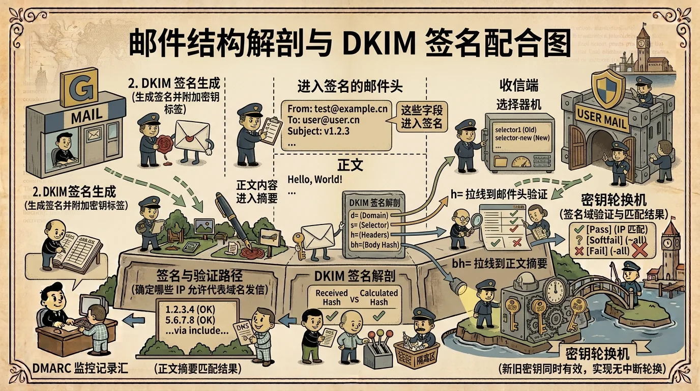 DKIM signature fields linked to message headers, body digest, selector and DNS public key
