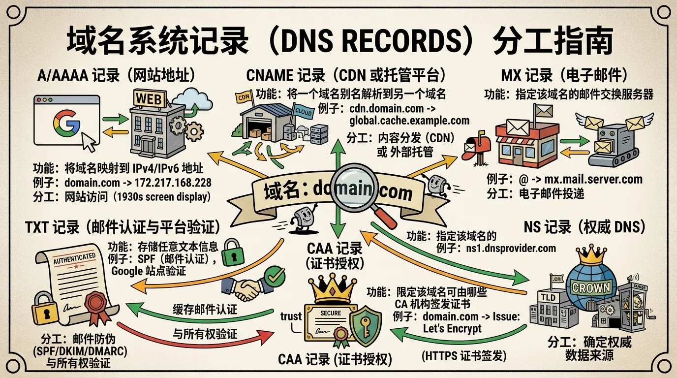 How A, AAAA, CNAME, MX, TXT, CAA and NS records relate to Internet services