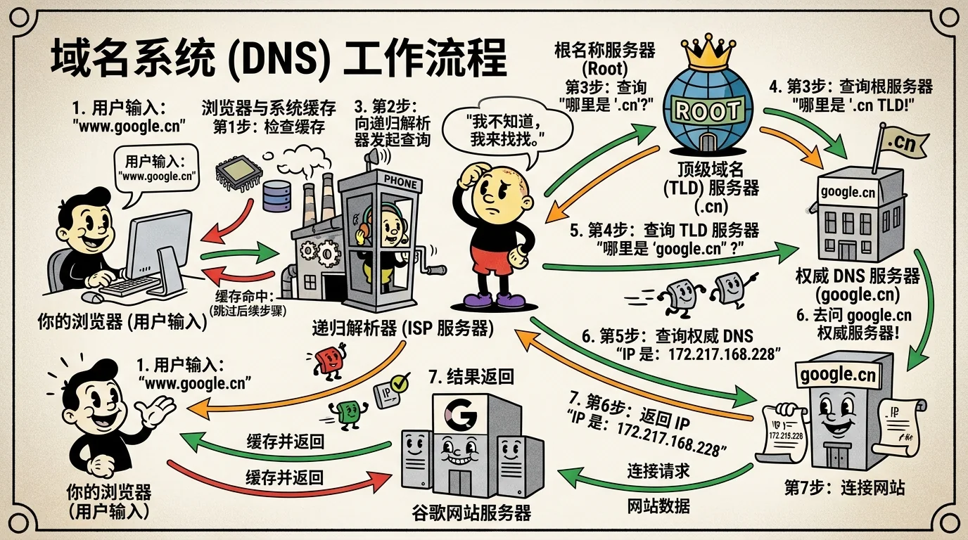 The browser obtains a website's IP address through a recursive resolver and root, TLD and authoritative name servers