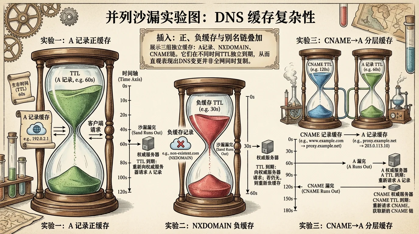 A records, negative answers and CNAME layers expiring and refreshing at different times