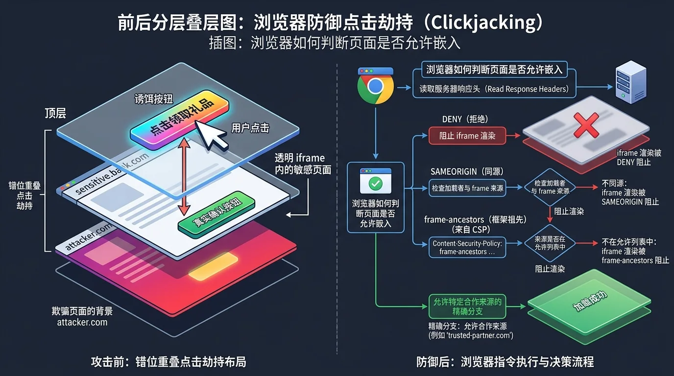 A transparent clickjacking iframe contrasted with embedding blocked by response-header policies